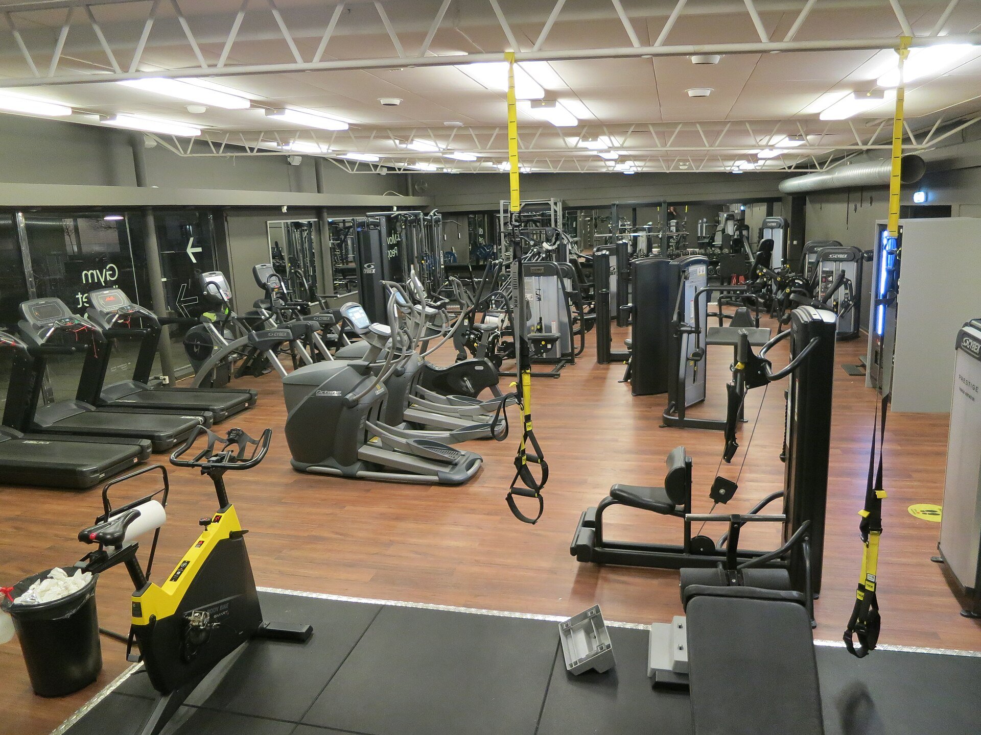 Interior de academia com equipamentos de musculação, esteiras e faixas de suspensão